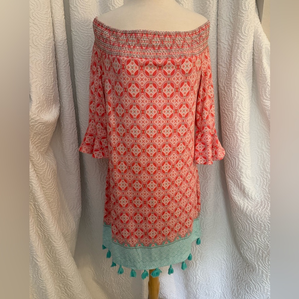 Cabana Life Coral and Aqua Off-Shoulder Mini Dress